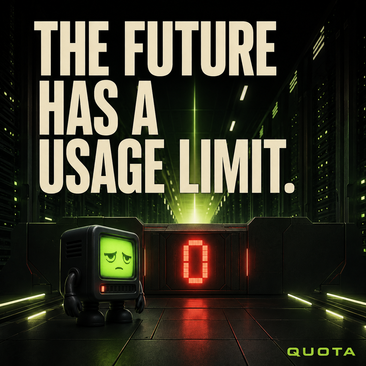 An exhausted QUOTA terminal stopped by a glowing zero in a futuristic server corridor.