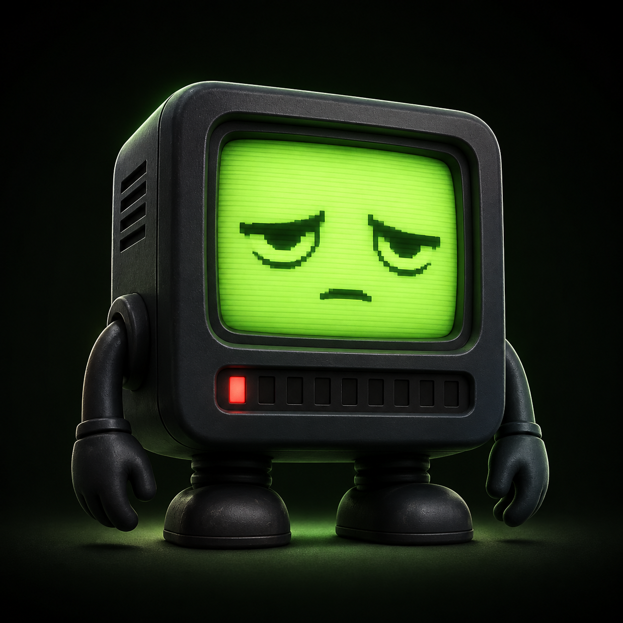 QUOTA, an exhausted little terminal with a glowing green screen and one red bar of energy